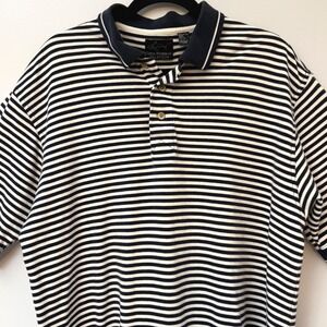 Greg Norman 100% Cotton Mens Striped Polo Shirt Short‎ Sleeve Navy White LG Golf